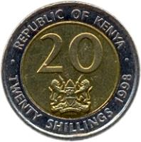 Kenya coin 20 Shillings (1998) reverse reverse of 20 Shillings (1998) coin with KM# 32 from Kenya. Inscription: REPUBLIC OF KENYA 20 TWENTY SHILLINGS 1998 HARAMBEE
