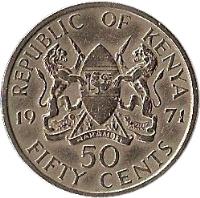 Kenya coin 50 Cents - With legend (1969 - 1978) reverse reverse of 50 Cents - With legend (1969 - 1978) coin with KM# 13 from Kenya. Inscription: REPUBLIC OF KENYA 19 71 HARAMBEE 50 FIFTY CENTS