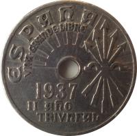 obverse of 25 Céntimos (1937) coin with KM# 753 from Spain. Inscription: ESPAÑA VNA.GRANDE.LIBRE 1937 II AÑO TRIVNFAL