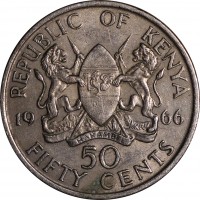 Kenya coin 50 Cents - Without legend (1966 - 1968) reverse reverse of 50 Cents - Without legend (1966 - 1968) coin with KM# 4 from Kenya. Inscription: REPUBLIC OF KENYA 19 66 50 FIFTY CENTS HARAMBEE