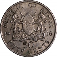 reverse of 50 Cents - Without legend (1966 - 1968) coin with KM# 4 from Kenya. Inscription: REPUBLIC OF KENYA 19 66 50 FIFTY CENTS HARAMBEE