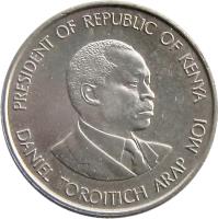 obverse of 50 Cents (1978 - 1989) coin with KM# 19 from Kenya. Inscription: PRESIDENT OF REPUBLIC OF KENYA DANIEL TOROITICH ARAP MOI