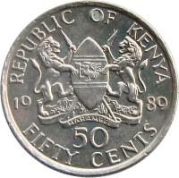 Kenya coin 50 Cents (1978 - 1989) reverse reverse of 50 Cents (1978 - 1989) coin with KM# 19 from Kenya. Inscription: REPUBLIC OF KENYA 1980 50 FIFTY CENTS HARAMBEE