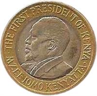 obverse of 10 Shillings (2005 - 2010) coin with KM# 35 from Kenya. Inscription: THE FIRST PRESIDENT OF KENYA · MZEE JOMO KENYATTA ·