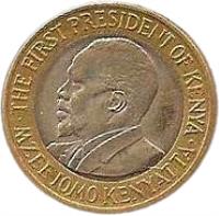 Kenya coin 10 Shillings (2005 - 2010) obverse obverse of 10 Shillings (2005 - 2010) coin with KM# 35 from Kenya. Inscription: THE FIRST PRESIDENT OF KENYA · MZEE JOMO KENYATTA ·