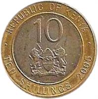 reverse of 10 Shillings (2005 - 2010) coin with KM# 35 from Kenya. Inscription: REPUBLIC OF KENYA 10 HARAMBEE · TEN SHILLINGS 2005 ·