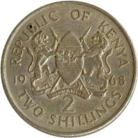 reverse of 2 Shillings - Without legend (1966 - 1968) coin with KM# 6 from Kenya. Inscription: REPUBLIC OF KENYA 1966 HARAMBEE 2 TWO SHILLINGS