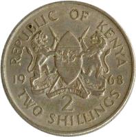 Kenya coin 2 Shillings - Without legend (1966 - 1968) reverse reverse of 2 Shillings - Without legend (1966 - 1968) coin with KM# 6 from Kenya. Inscription: REPUBLIC OF KENYA 1966 HARAMBEE 2 TWO SHILLINGS