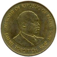 obverse of 10 Cents (1994) coin with KM# 18a from Kenya. Inscription: PRESIDENT OF REPUBLIC OF KENYA DANIEL TOROITICH ARAP MOI