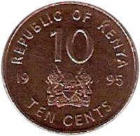 Kenya coin 10 Cents (1995) reverse reverse of 10 Cents (1995) coin with KM# 31 from Kenya. Inscription: REPUBLIC OF KENYA 10 1995 TEN CENTS