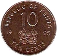 reverse of 10 Cents (1995) coin with KM# 31 from Kenya. Inscription: REPUBLIC OF KENYA 10 1995 TEN CENTS