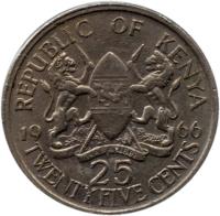 Kenya coin 25 Cents - Without legend (1966 - 1967) reverse reverse of 25 Cents - Without legend (1966 - 1967) coin with KM# 3 from Kenya. Inscription: REPUBLIC OF KENYA 1966 25 TWENTY FIVE CENTS