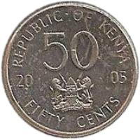 Kenya coin 50 Cents (2005 - 2009) reverse reverse of 50 Cents (2005 - 2009) coin with KM# 41 from Kenya. Inscription: REPUBLIC OF KENYA 2005 50 FIFTY CENTS