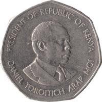Kenya coin 5 Shillings (1994) obverse obverse of 5 Shillings (1994) coin with KM# 23a from Kenya. Inscription: PRESIDENT OF REPUBLIC OF KENYA DANIEL TOROITICH ARAP MOI