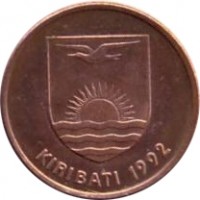 obverse of 1 Cent (1992) coin with KM# 1a from Kiribati. Inscription: KIRIBATI 1992