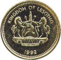 obverse of 1 Sente - Letsie III - Non magnetic (1992) coin with KM# 54 from Lesotho. Inscription: KINGDOM OF LESOTHO KHOTSO PULA NALA 1992
