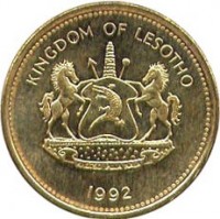 obverse of 2 Lisente - Letsie III - Non magnetic (1992) coin with KM# 55 from Lesotho. Inscription: KINGDOM OF LESOTHO KHOTSO PULA NALA 1992