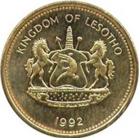 Lesotho coin 2 Lisente - Letsie III - Non magnetic (1992) obverse obverse of 2 Lisente - Letsie III - Non magnetic (1992) coin with KM# 55 from Lesotho. Inscription: KINGDOM OF LESOTHO KHOTSO PULA NALA 1992