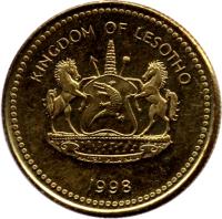 Lesotho coin 20 Lisente - Moshoeshoe II (1998) obverse obverse of 20 Lisente - Moshoeshoe II (1998) coin with KM# 64 from Lesotho. Inscription: KINGDOM OF LESOTHO KHOTSO PULA NALA 1998