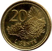 Lesotho coin 20 Lisente - Moshoeshoe II (1998) reverse reverse of 20 Lisente - Moshoeshoe II (1998) coin with KM# 64 from Lesotho. Inscription: LISENTE 20
