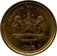 obverse of 10 Lisente - Moshoeshoe II (1998 - 2010) coin with KM# 63 from Lesotho. Inscription: KINGDOM OF LESOTHO KHOTSO PULA NALA 1998