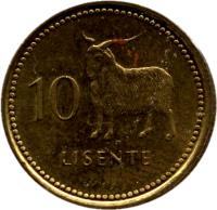 reverse of 10 Lisente - Moshoeshoe II (1998 - 2010) coin with KM# 63 from Lesotho. Inscription: 10 LISENTE