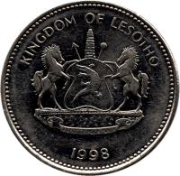 obverse of 2 Maloti - Moshoeshoe II (1996 - 1998) coin with KM# 58 from Lesotho. Inscription: KINGDOM OF LESOTHO KHOTSO PULA NALA 1998