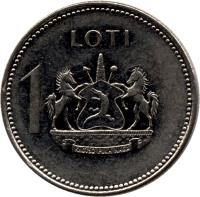 Lesotho coin 1 Loti - Moshoeshoe II (1998 - 2010) reverse reverse of 1 Loti - Moshoeshoe II (1998 - 2010) coin with KM# 66 from Lesotho. Inscription: 1 LOTI