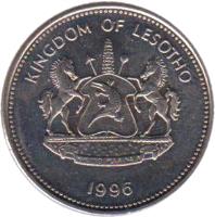 obverse of 5 Maloti - Moshoeshoe II (1996 - 2010) coin with KM# 59 from Lesotho. Inscription: KINGDOM OF LESOTHO KHOTSO PULA NALA 1998