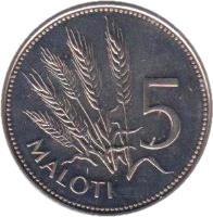 reverse of 5 Maloti - Moshoeshoe II (1996 - 2010) coin with KM# 59 from Lesotho. Inscription: 5 MALOTI