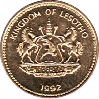 obverse of 1 Sente - Letsie III - Magnetic (1992) coin with KM# 54a from Lesotho. Inscription: KINGDOM OF LESOTHO 1992