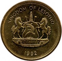 obverse of 2 Lisente - Letsie III - Magnetic (1992) coin with KM# 55a from Lesotho. Inscription: KINGDOM OF LESOTHO 1992
