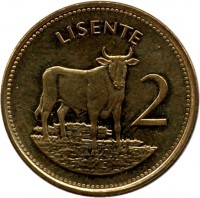 reverse of 2 Lisente - Letsie III - Magnetic (1992) coin with KM# 55a from Lesotho. Inscription: LISENTE 2