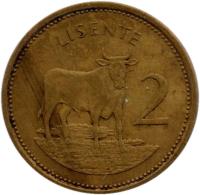 Lesotho coin 2 Lisente - Moshoeshoe II (1979 - 1989) reverse reverse of 2 Lisente - Moshoeshoe II (1979 - 1989) coin with KM# 17 from Lesotho. Inscription: 2 LISENTE