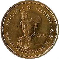 obverse of 5 Lisente - Moshoeshoe II (1979 - 1989) coin with KM# 18 from Lesotho. Inscription: KINGDOM OF LESOTHO H.M.MOSHOESHOE II 1979