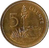 reverse of 5 Lisente - Moshoeshoe II (1979 - 1989) coin with KM# 18 from Lesotho. Inscription: 5 LISENTE