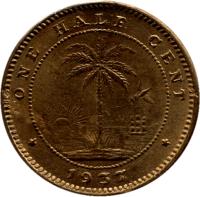 reverse of 1/2 Cent (1937) coin with KM# 10 from Liberia. Inscription: ONE HALF CENT 1937