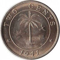 Liberia coin 2 Cents (1941 - 1978) reverse reverse of 2 Cents (1941 - 1978) coin with KM# 12a from Liberia. Inscription: TWO CENTS 1941