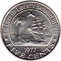 Liberia coin 5 Cents (1960 - 1984) reverse reverse of 5 Cents (1960 - 1984) coin with KM# 14 from Liberia. Inscription: THE LOVE OF LIBERTY BROUGHT US HERE 1974 * FIVE CENTS *