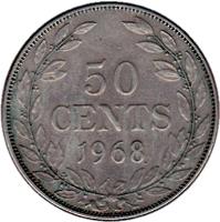 Liberia coin 50 Cents (1966 - 1975) reverse reverse of 50 Cents (1966 - 1975) coin with KM# 17a from Liberia. Inscription: 50 CENTS 1975