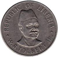 obverse of 1 Dollar (1976 - 1987) coin with KM# 32 from Liberia. Inscription: REPUBLIC OF LIBERIA W.R.TOLBERT JR.