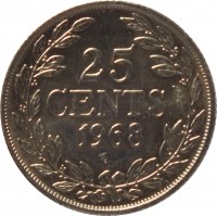 reverse of 25 Cents (1966 - 1975) coin with KM# 16a from Liberia. Inscription: 25 CENTS 1968