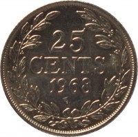 Liberia coin 25 Cents (1966 - 1975) reverse reverse of 25 Cents (1966 - 1975) coin with KM# 16a from Liberia. Inscription: 25 CENTS 1968