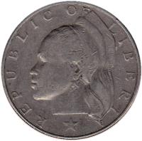 obverse of 1 Dollar (1966 - 1975) coin with KM# 18a from Liberia. Inscription: REPUBLIC OF LIBERIA