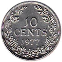 reverse of 10 Cents (1966 - 1987) coin with KM# 15a from Liberia. Inscription: 10 CENTS 1977