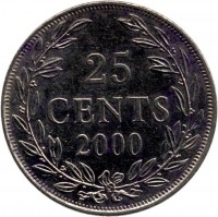 reverse of 25 Cents (2000) coin with KM# 16b from Liberia. Inscription: 25 CENTS 2000