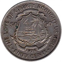Liberia coin 50 Cents (1976 - 1987) obverse obverse of 50 Cents (1976 - 1987) coin with KM# 31 from Liberia. Inscription: THE LOVE OF LIBERTY BROUGHT US HERE 50 50 1976 *FIFTY CENTS*