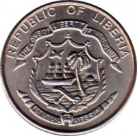 obverse of 5 Cents (2003) coin with KM# 618 from Liberia. Inscription: REPUBLIC OF LIBERIA THE LOVE OF LIBERTY BROUGHT US HERE REPUBLIC OF LIBERIA