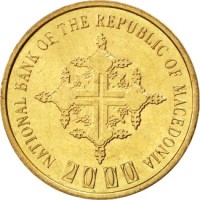 North Macedonia coin 1 Denar - 2000 Years of Christianity (2000) obverse obverse of 1 Denar - 2000 Years of Christianity (2000) coin with KM# 27 from North Macedonia. Inscription: NATIONAL BANK OF THE REPUBLIC OF MACEDONIA 2000