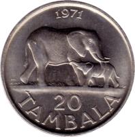 Malawi coin 20 Tambala (1971 - 1985) reverse reverse of 20 Tambala (1971 - 1985) coin with KM# 11 from Malawi. Inscription: 1971 20 TAMBALA